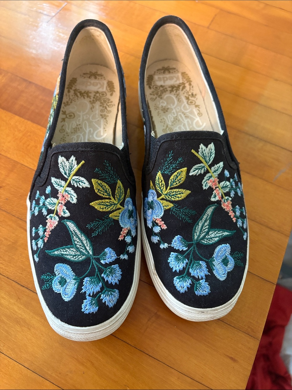 Keds Black Slip-On Mules with Blue & Green Floral Embroidery